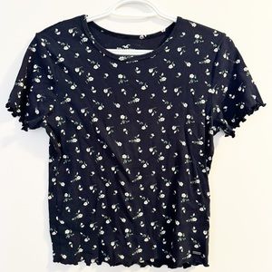Hollister Dark Blue Tight Tee with White Flowers and Fringed Cuts Womens M